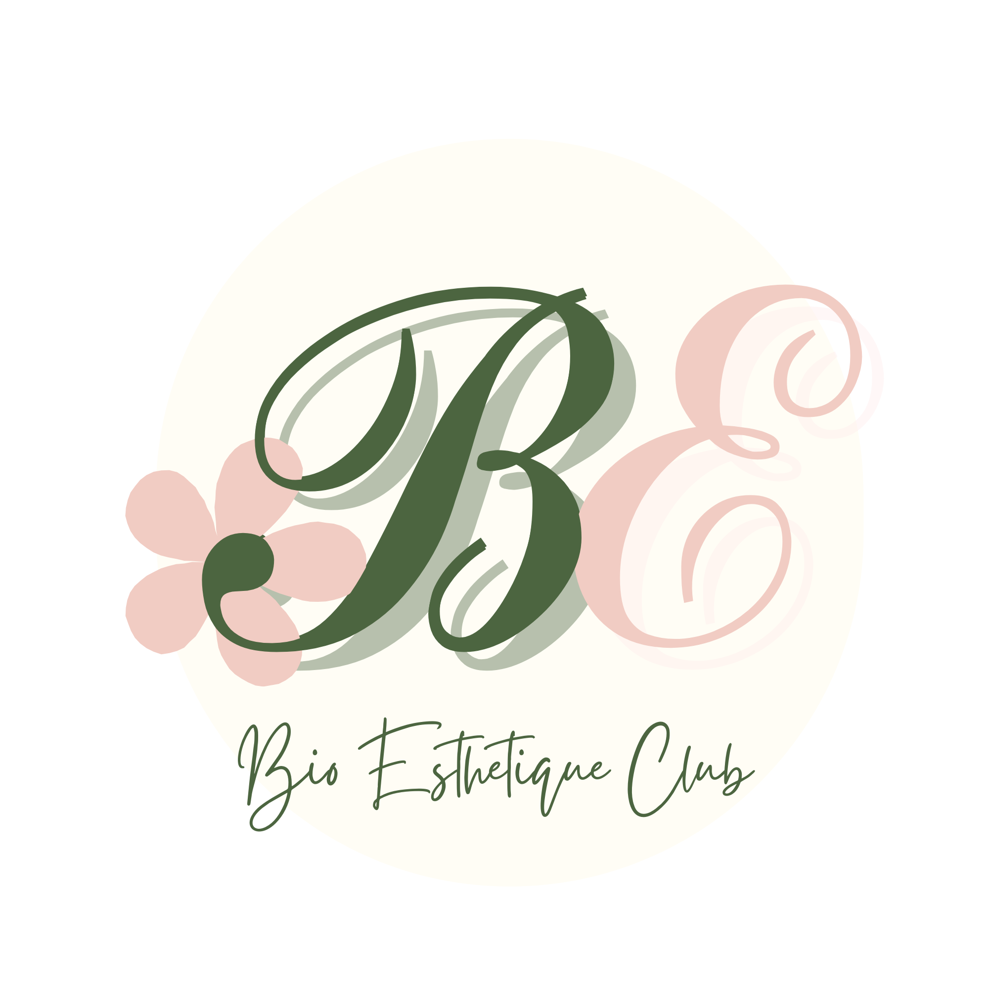 Bio esthetique Essaouira logo, it has a B next to an E both written in cursive with a flower at the buttom of the B